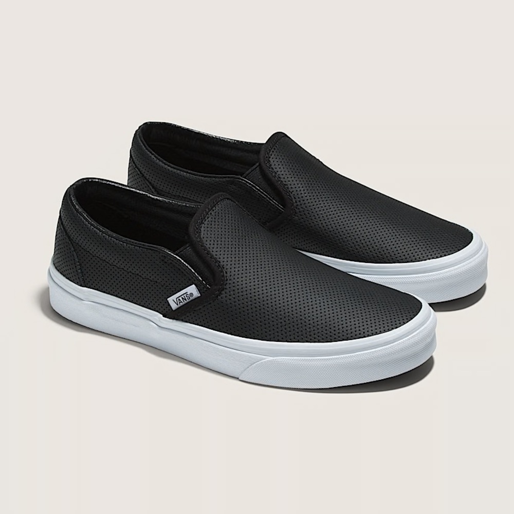 Vans classic slip ons black perforated leather men’s size 8